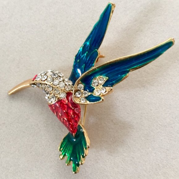 Lovely Vintage Hummingbird & Circle Rhinestone & Enamel Two Piece Pin Set - Picture 3 of 4